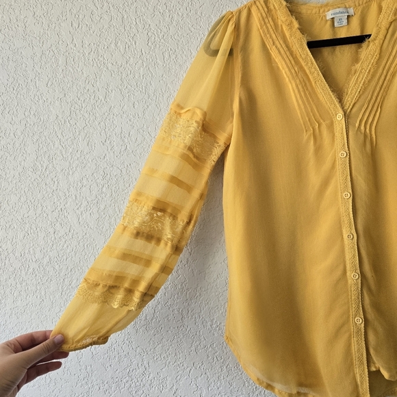 Sundance XS Yellow Button Down Sheer Lined Blouse - Embellished Sleeves - Picture 2 of 6